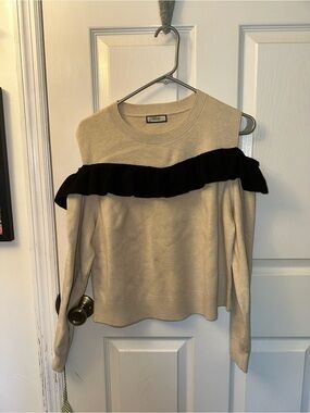 Beige Off ShoulderSweater with Black Ruffle Detail